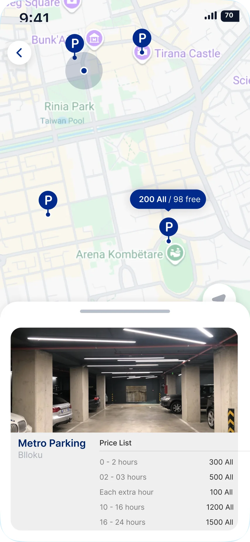 Harta e parkingut dhe detajet e Metro Parking në aplikacionin The SunSet Parking