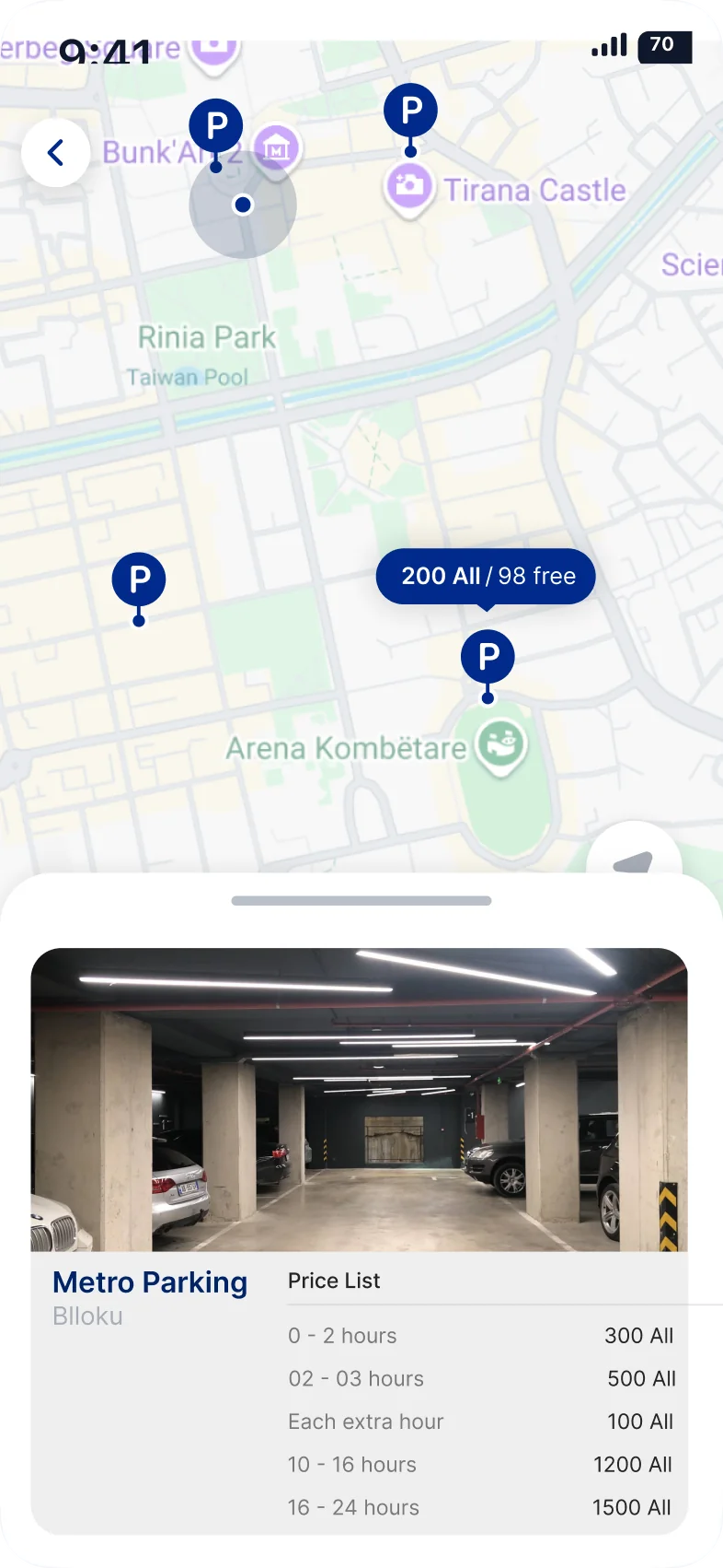 Ekrani i zgjedhjes: harta me çmimet e parkingjeve dhe detajet e një parkingu