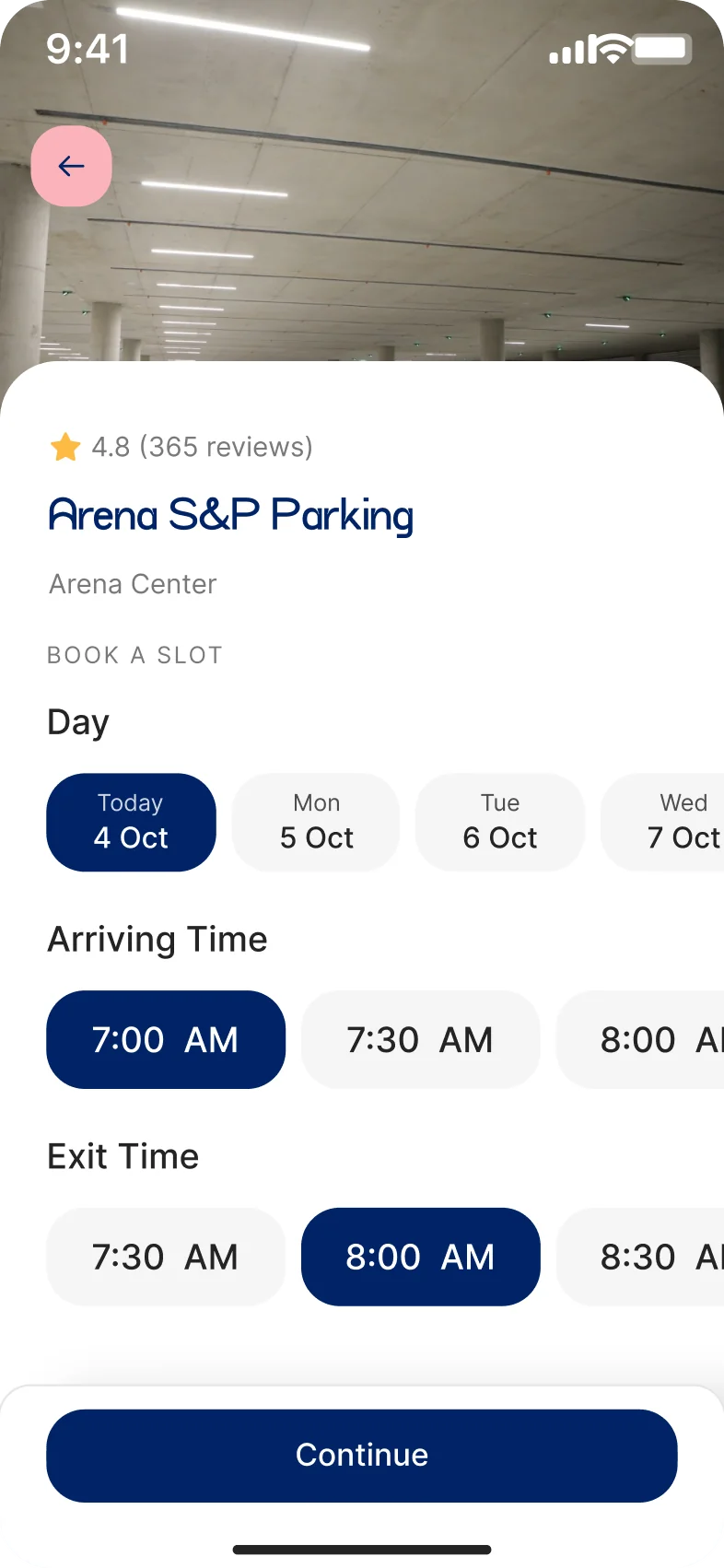 Ekrani i rezervimit: zgjedhja e ditës dhe orës për Arena S&P Parking